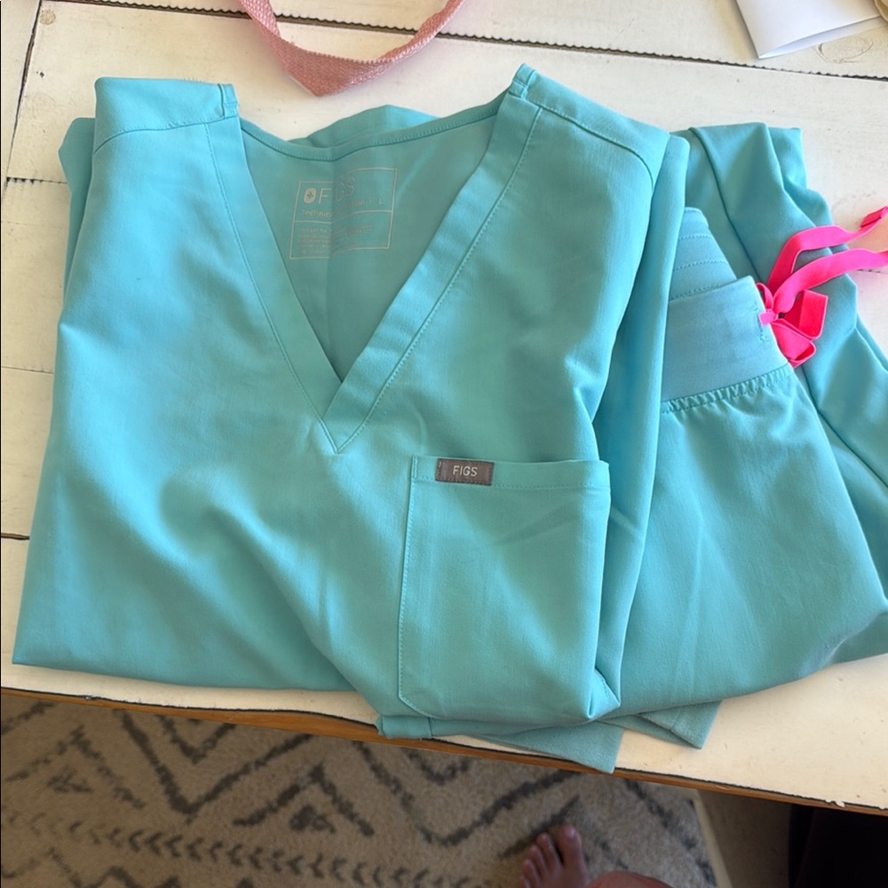 Figs blue Scrub Set with Neon Pink Ties